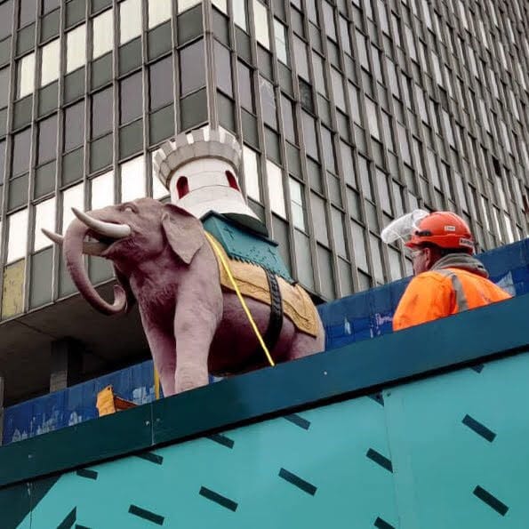 Elephant & Castle statue leaves its perch outside shopping centre
