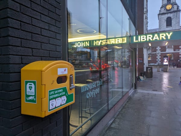 Defibrillator installed outside John Harvard Library