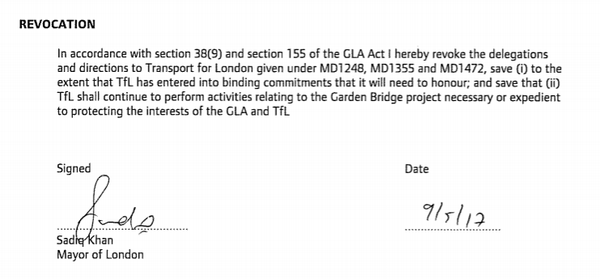 Sadiq Khan formally revokes Boris's Garden Bridge decisions
